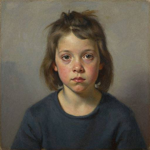 Realistic oil painting of a young girl with fair skin, brown wavy hair, wide brown eyes, and a serious expression, wearing a dark blue