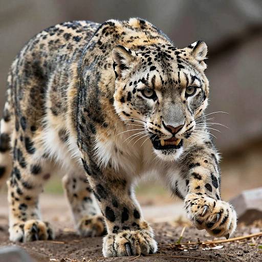 Photograph of a powerful snow leopard with striking golden-yellow fur and black spots, mid-stride, focusing intently, set against a blurred rocky background