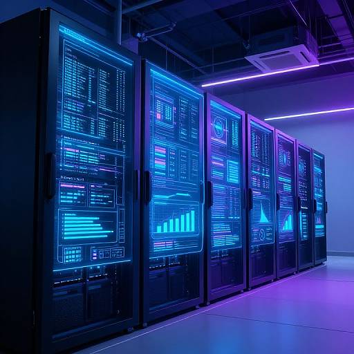 Photograph of a row of black server racks illuminated by vibrant blue neon lights, set in a modern, dimly-lit data center. Purple overhead