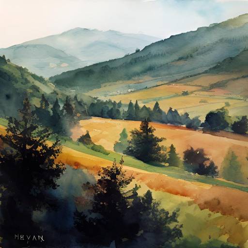 Watercolor Hillside Rooftops Study