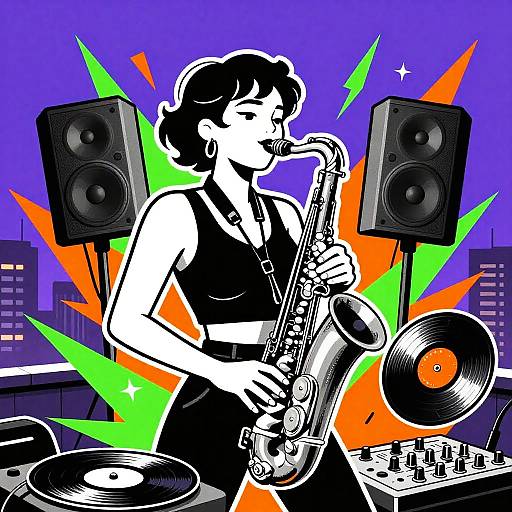 Energetic Female Saxophonist on Urban Rooftop
