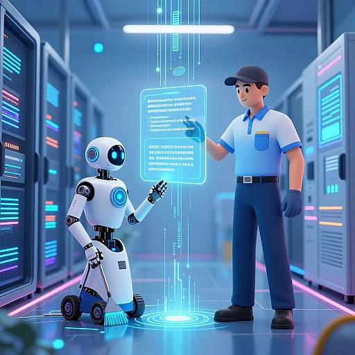 Digital illustration of a male technician in uniform and a white robot interacting with a holographic screen in a futuristic data center.