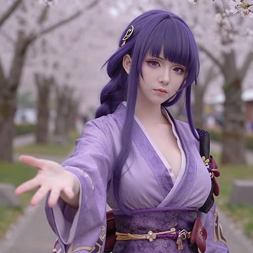 Purple-Haired Anime Woman in Kimono