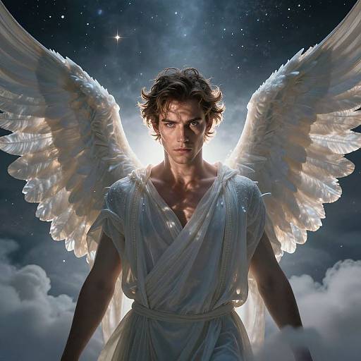 Photorealistic digital art of a handsome, muscular angel with curly brown hair, large white wings, and a white, flowing robe, standing against a