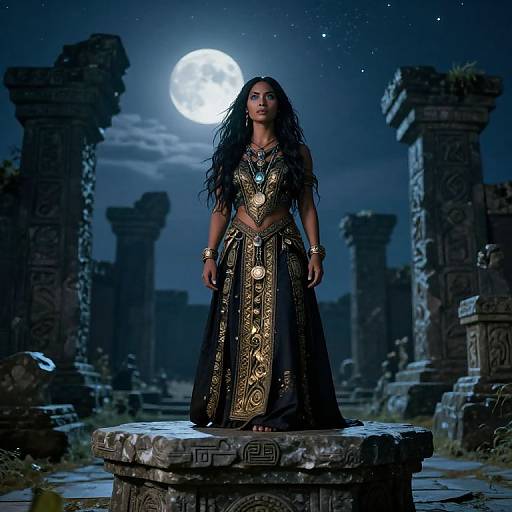 Photograph of a dark-haired woman in an ornate, gold-embellished black dress, standing on ancient stone ruins under a full moon.