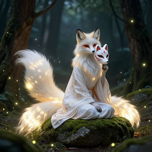 Digital artwork of a white fox with glowing fur, wearing a white kimono, holding a red fox mask, sitting on a mossy rock in a