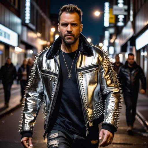 Man wearing silver studded jacket at night