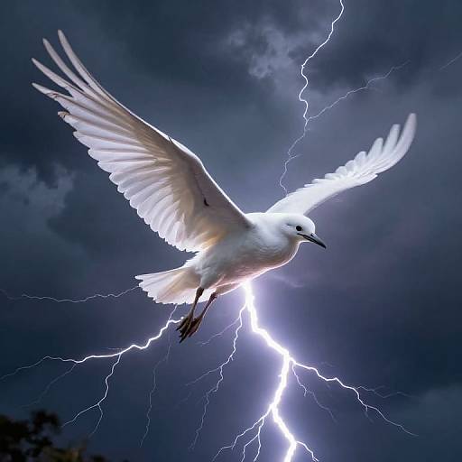 Photograph of a white seagull with outstretched wings flying against a dark, stormy sky illuminated by vivid lightning bolts.