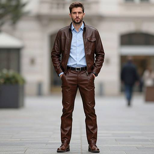 Photograph of a handsome, bearded man with short brown hair, wearing a brown leather jacket, light blue shirt, and brown pants, standing confidently