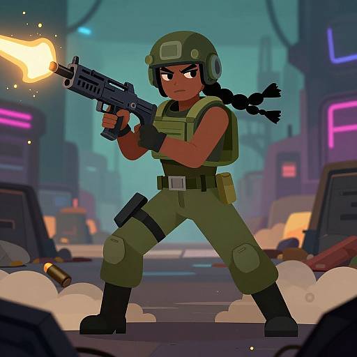 Digital illustration of a fierce, dark-skinned female soldier in green uniform, helmet, and braid, firing a glowing gun in a neon-lit