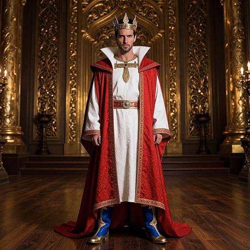 Photograph of a bearded man in a white royal robe with red and gold trim, blue boots, and a gold crown, standing in a grand
