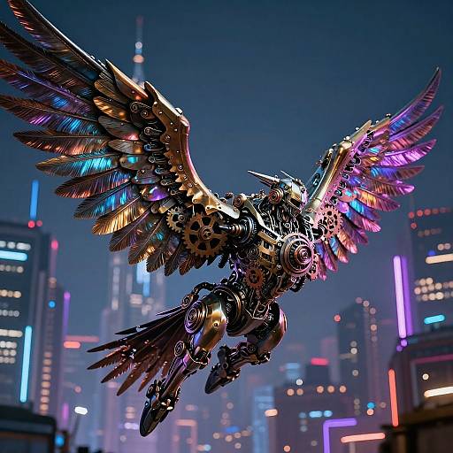 Cybernetic angel with glowing purple and blue feathers soars over a neon-lit futuristic cityscape at night. Digital art.