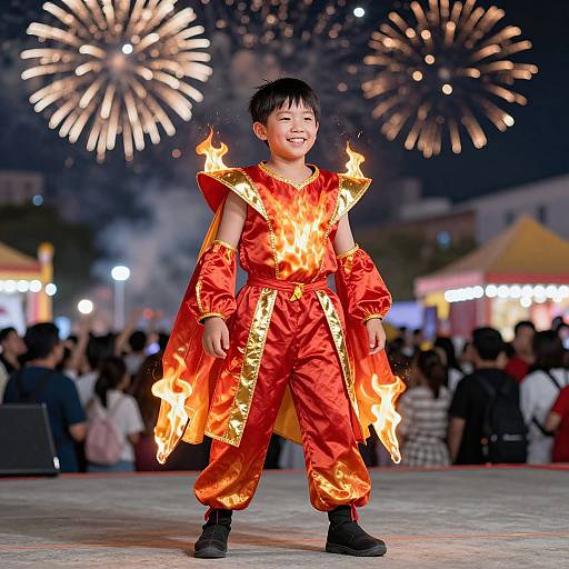 Young Asian boy in fiery red dragon costume with flame details, smiling, standing on stage at night festival with fireworks. Photograph.