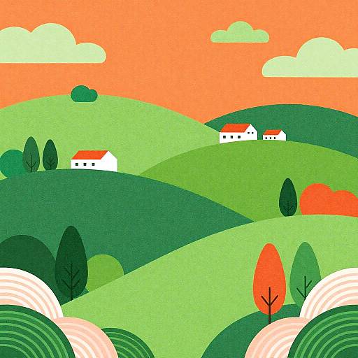 Surreal Colorful Hillscape with Buildings