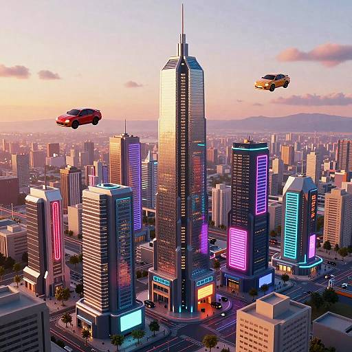 Digital illustration of a neon-lit, futuristic cityscape at sunset, featuring towering skyscrapers with colorful lights, two flying cars, and a sprawling