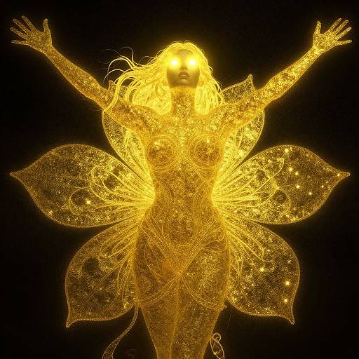 Glowing golden fairy sculpture with outstretched arms and intricate, luminous wings, set against a black background. Digital artwork.