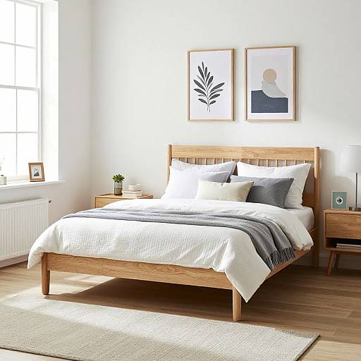 Bright, modern bedroom photograph featuring a wooden bed with white and grey bedding, two framed abstract prints, wooden nightstands, and a window with natural light