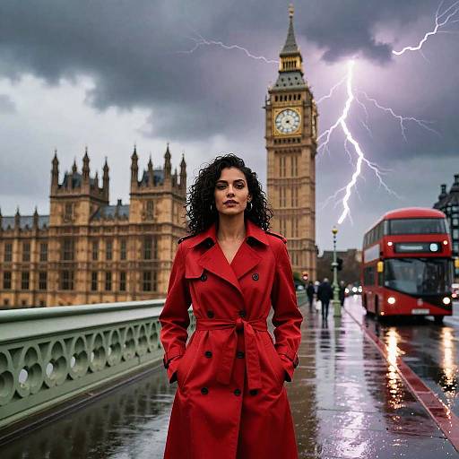 Photograph of a curly-haired woman in a red coat standing on a wet London Bridge during a storm, with lightning illuminating the Big Ben clock tower