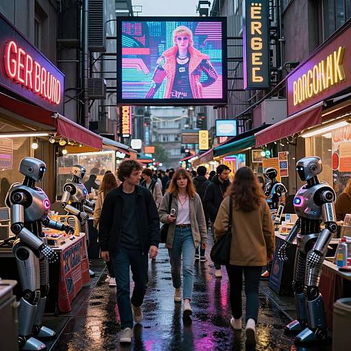 Cyberpunk Street Market with Robots and Humans