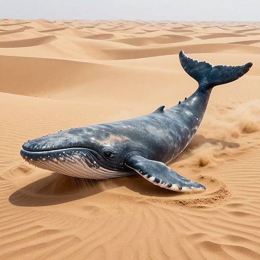 Photograph of a large, dark blue-grey whale with white speckles lying on golden sand dunes under bright sunlight. Whale's tail and fins