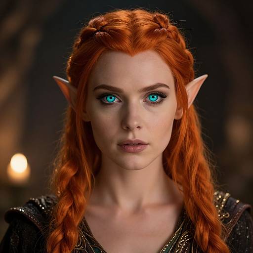 Digital portrait of a fair-skinned, red-haired elf woman with bright blue eyes, pointed ears, braided hair, and dark, ornate clothing