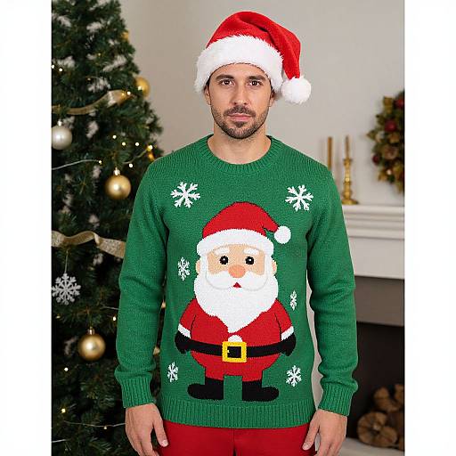 Photograph of a bearded man with olive skin wearing a red Santa hat and a green Christmas sweater with a Santa Claus design, standing in front of