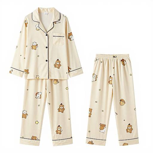 Photograph of cream-colored pajama set with black trim and cartoon bear print, including button-up shirt and elastic-waist pants.