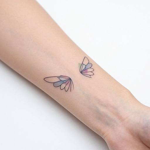 Photograph of a pale arm with a delicate, purple and white butterfly tattoo on the inner wrist, set against a plain white background.