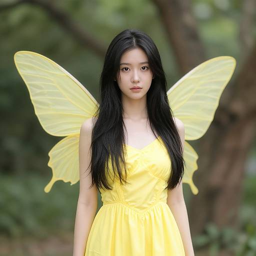 Photograph of an Asian woman with long black hair, wearing a yellow dress and translucent yellow fairy wings, standing in a forest.