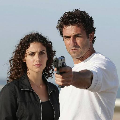 Couple with gun outdoors against blue sky