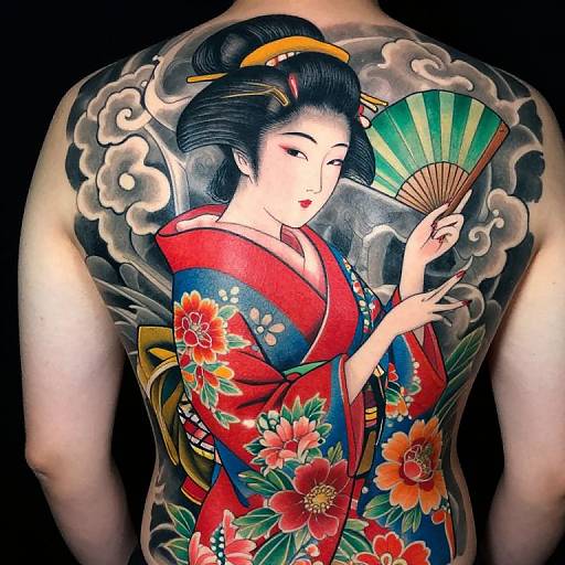 Colorful tattoo of a traditional Japanese geisha with black hair, red and blue kimono, holding a green fan, on a man's back.