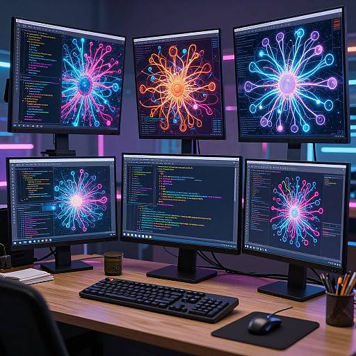 Photograph of a lit-up computer workstation with six monitors displaying vibrant, colorful neon-like code patterns, against a dark, neon-lit background.