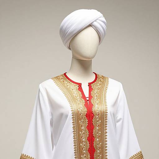 Mannequin in Traditional White and Red Outfit