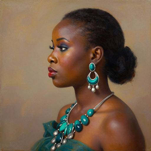 Photorealistic portrait of a dark-skinned African woman with bold turquoise earrings and necklace, red lipstick, and elegant updo against a beige background.
