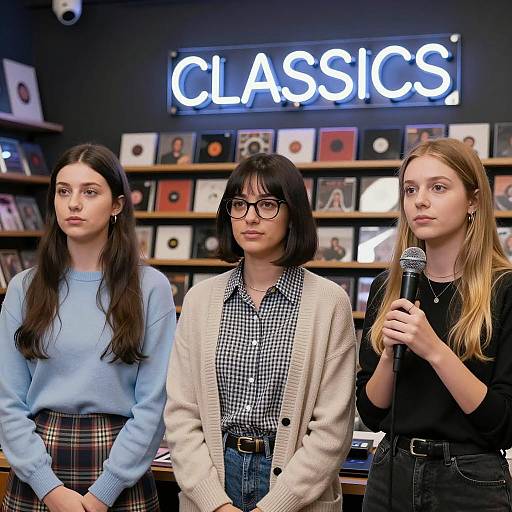 Women in Store with Neon 'CLASSICS' Sign