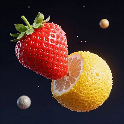 Photograph of a vibrant red strawberry with green leaves, a textured yellow lemon, and a lemon wedge, all mid-air against a dark blue background,