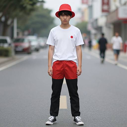 Photograph of an Asian teenage boy standing on a city street, wearing a red hat, white T-shirt, red shorts, black pants, and black