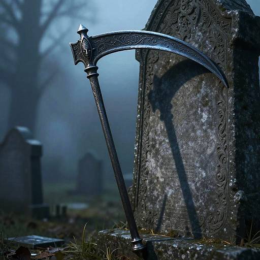 Photograph of a detailed, ornate scythe leaning against an ancient, weathered gravestone in a foggy, eerie cemetery. Blue-gray tones