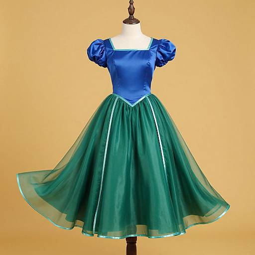 Photograph of a blue satin bodice with puffed sleeves and green tulle skirt on a white mannequin against a yellow background.