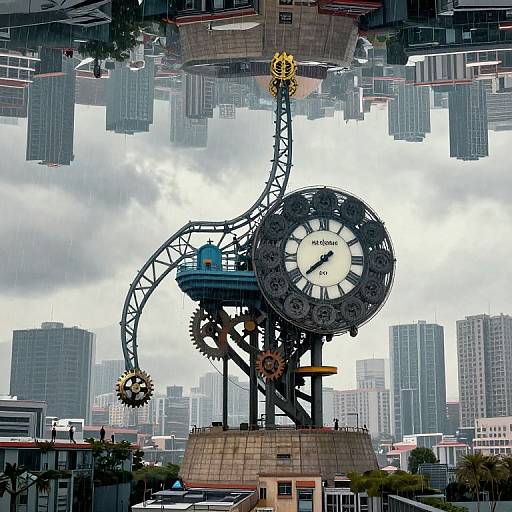 Photograph of a steampunk-style clock tower with gears, set against a cloudy sky and urban cityscape background with skyscrapers.