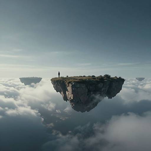 Photorealistic digital artwork of a solitary figure standing on a floating, cliff-top island above a sea of clouds, under a blue sky.