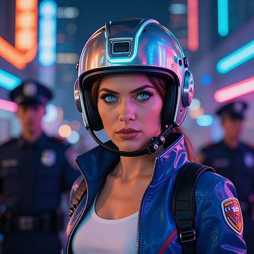 Digital art: Intense blue-eyed woman in futuristic silver helmet, white tank top, and blue leather jacket, standing in neon-lit city, blurred