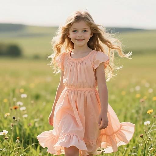 Sunlit Meadow Girl in Flowing Dress