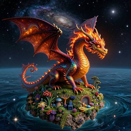 Vibrant digital CGI of a fiery red dragon with glowing orange scales and wings, standing on a lush, flower-filled island in a starry ocean