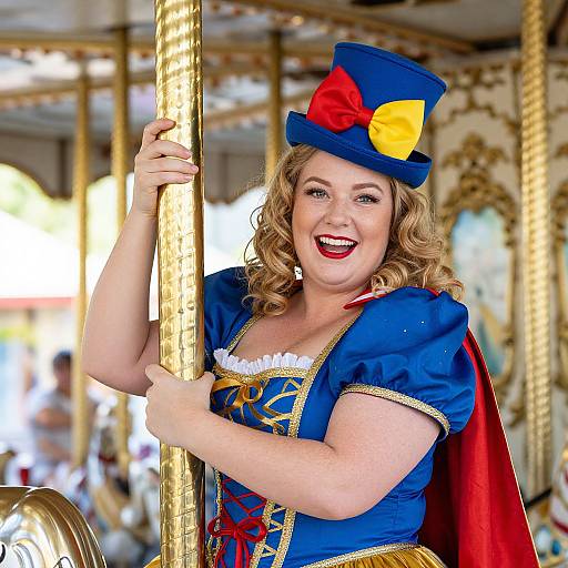 Photograph of a smiling, curvy woman with blonde curls, wearing a blue and gold circus costume with a red bow and yellow hat, holding a