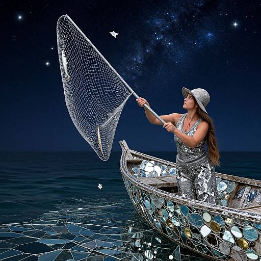 Fisherwoman Navigating Celestial Sea