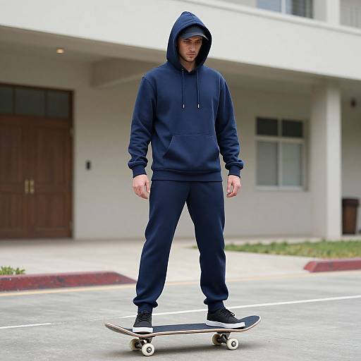 Photograph of a young man in a navy hoodie and pants, standing on a skateboard in a suburban driveway, hood up, serious expression. Background: