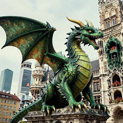 Photograph of a detailed, green and yellow scaly dragon statue with large wings and sharp claws, set against an ornate European architectural background.