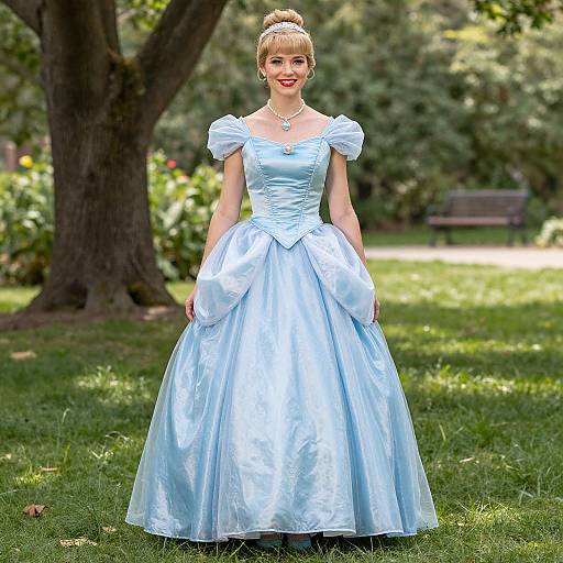 Photograph of a blonde woman in a light blue, off-the-shoulder, puffed-sleeve ball gown, standing in a sunlit
