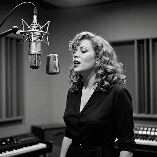 Black-and-white photograph of a curly-haired woman singing into a professional microphone in a recording studio, wearing a black blouse.
